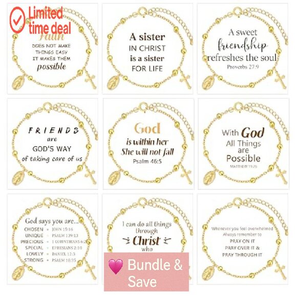 9pc Virgin Mary Cross Bracelet Set Adjustable 18K Gold Plated Religious Jewelry - Picture 2 of 8